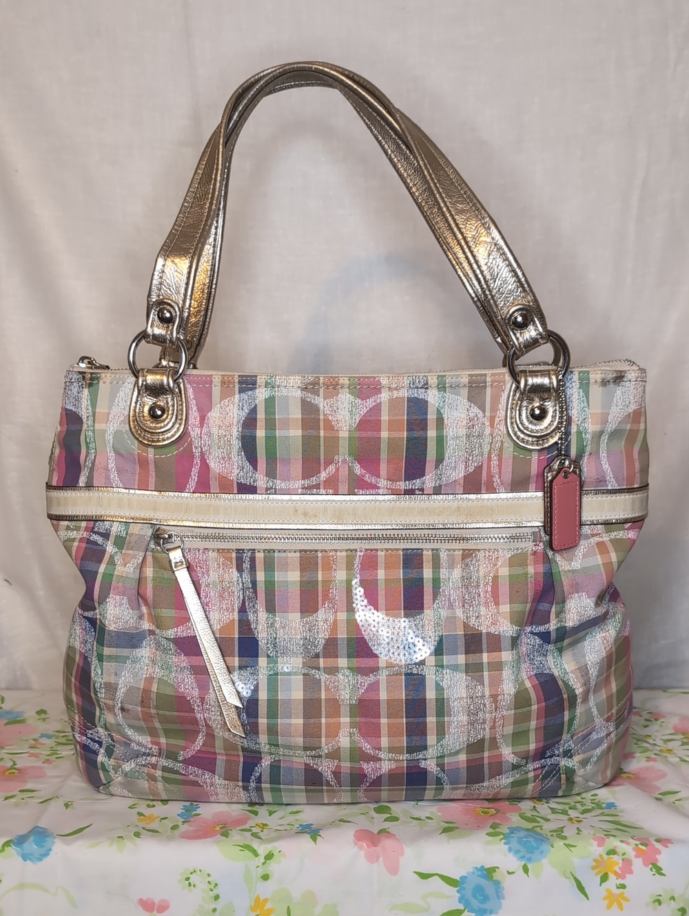 Vint. Y2K Coach Poppy Madras Plaid Signature Tote